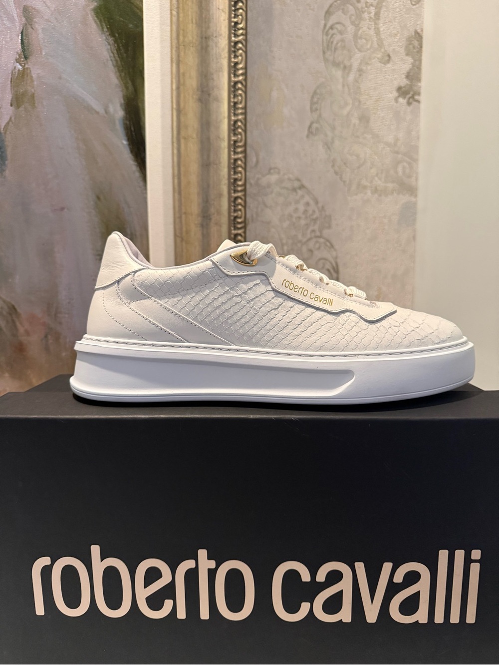 Roberto Cavalli White Snakeskin Sneaker with Gold Accents